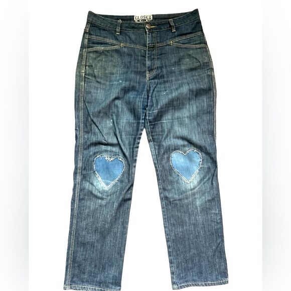 Closed Denim Size 32 Straight Leg Heart Patch Jeans  Distressed Italian Anthro - Picture 1 of 6